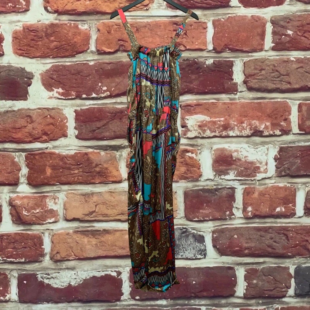 VTG Cache Jumpsuit Women's XS Multicolor Satin Boho Abstract Pocketed Sleeveless